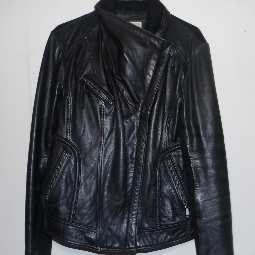 Michael Kors Mens XL leather jacket black nappa knit big collar motorcycle